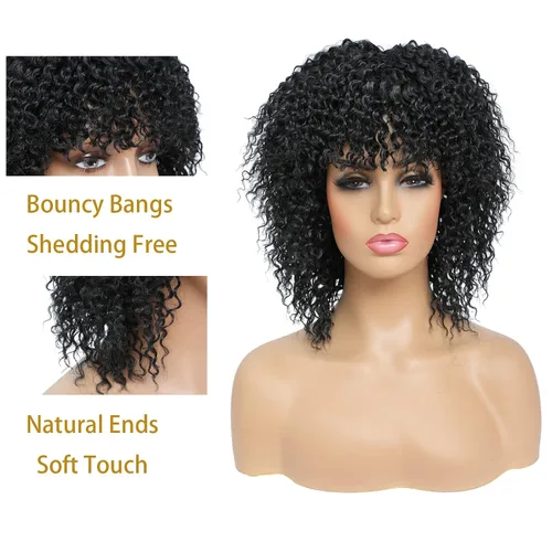 Miniatura 3 de Pelucas rizadas para mujeres negras, pelucas afro para mujeres negras, pelucas cortas sintéticas naturales sintéticas rizadas con flequillo, peluca