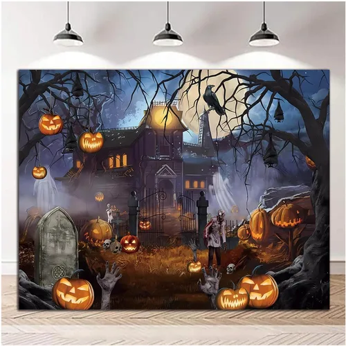Telón de fondo temático de Halloween para fotografía, castillo de fantasmas, luna, noche aterradora, calabaza, farol, cuervo, fondo para fotos de