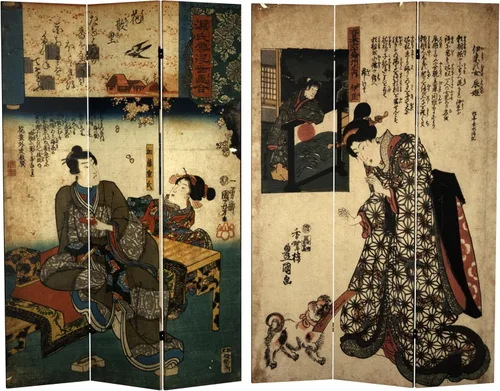 Red Lantern Divisor de habitación de lona inspirado en la dinastía de doble cara de 6 pies de alto, figuras japonesas