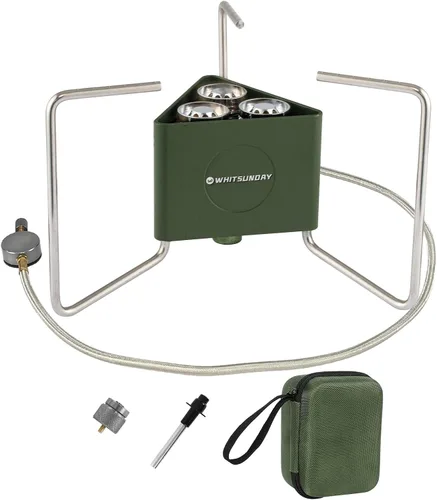 Whitsunday Estufa de camping de 6800 W, 3 quemadores, resistente al viento, portátil, con adaptador de recipiente de combustible, encendido
