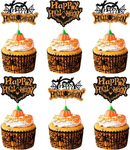 Miniatura 13 de Ercadio Paquete de 36 adornos para cupcakes de Halloween, sombrero de bruja, araña, calabaza, fantasma, gato, cupcakes, baby shower, cumpleaños