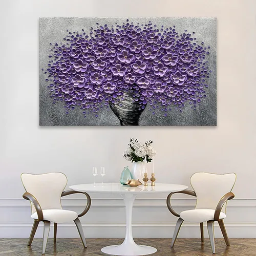Miniatura 5 de Epicler art Pintura al óleo decorativa de flores 3D moradas pintadas a mano, arte de pared decorativo de pared de flores, arte moderno, sala