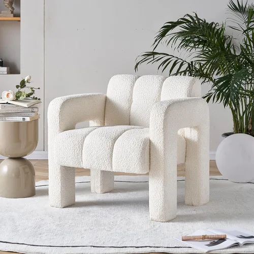 Yoglad Silla decorativa moderna, sillón tapizado de tela Bouclé, cómoda silla individual para sala de estar, dormitorio, oficina, color beige