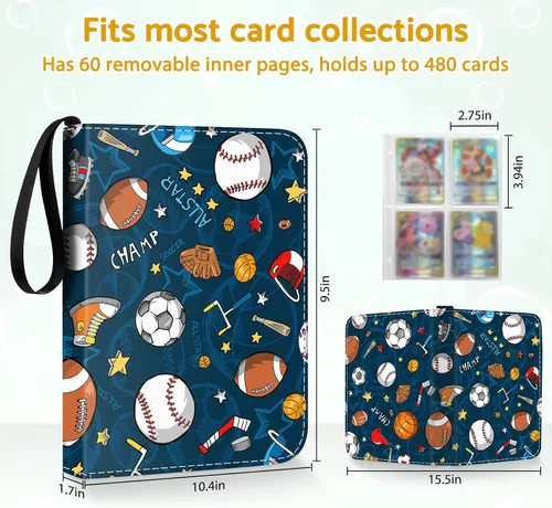 Miniatura 5 de Carpeta de Tarjetas de Béisbol y Fútbol con 480 Bolsillos y 60 Fundas Extraíbles, Carpeta Portátil para Tarjetas de Baloncesto y Deportes, Álbum