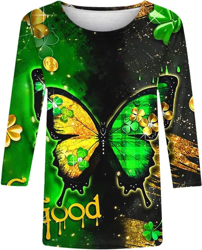 Miniatura 4 de Womens 34 Sleeve Graphic T-Shirts Shamrock Print Tops Round Neck Blouse St Patricks Day Pullover Tees Elegant Tunic