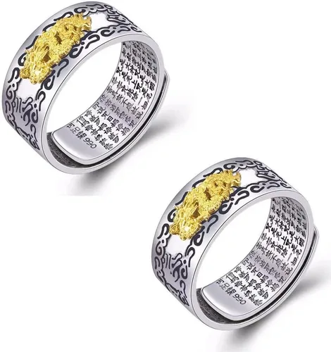 Feng Shui Pixiu Mantra Ring, 2 anillos Feng Shui para hombres y mujeres, Feng Shui Pixiu Mani Mantra Protection Ring, Feng Shui Ring para riqueza y