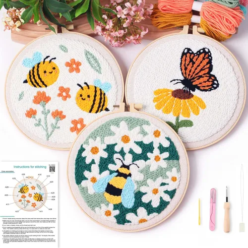 Miniatura 8 de Kit de aguja de perforación para bordado con marco, kits de iniciación al bordado para niños principiantes, tela para aguja de perforación con Rosa