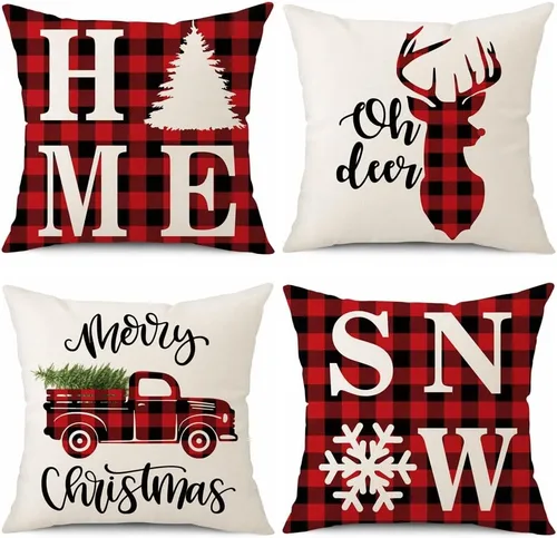 Miniatura 13 de OTOSTAR Juego de 4 fundas de almohada de Navidad de 45.7 x 45.7 cm, decoración navideña de granja, fundas de almohada de Navidad Joy Xmas Tree Let