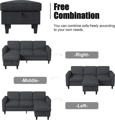 Miniatura 7 de Sofá seccional convertible gris oscuro, moderno sofá tapizado de tela de lino en forma de L con bolsillos para reposabrazos, sofá de 3 plazas