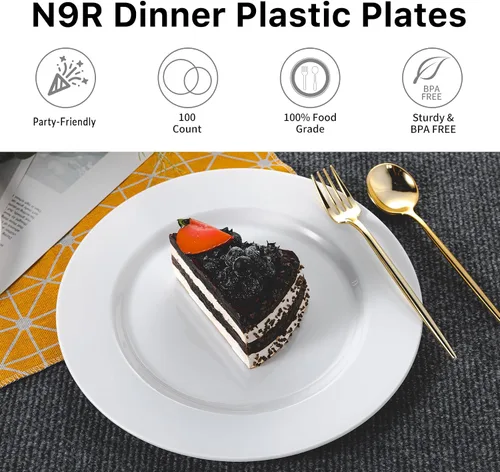 Miniatura 4 de N9R 100 platos de plástico blanco, platos desechables de plástico resistente de 10.25 pulgadas, platos llanos elegantes de primera calidad
