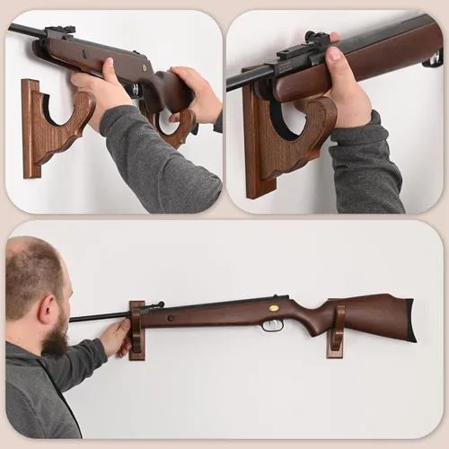 Miniatura 9 de TESLYAR Soporte de pared para rifles, ganchos para pistola con figuras para rifles y escopetas, estante de madera para armas, soporte de madera