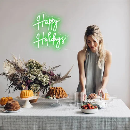 Miniatura 6 de Letrero de neón con texto en inglés "Happy Holidays", regulable, luz de neón LED verde, alimentada por USB, para dormitorio universitario