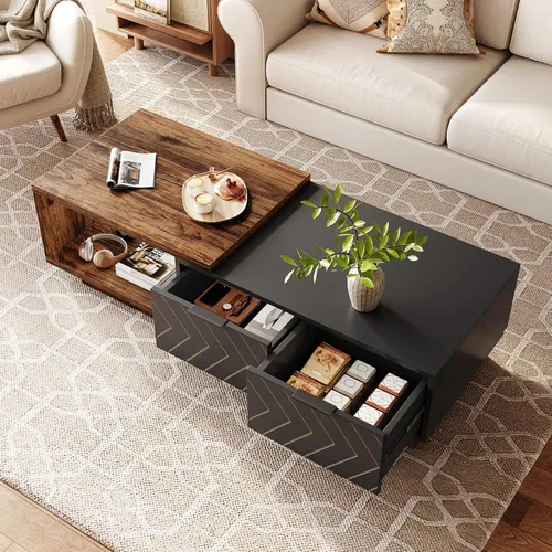 Miniatura 5 de LITTLE TREE Mesa auxiliar de madera expandible con 2 cajones, mesa central rectangular de granja que ahorra espacio, perfecta para sala de estar