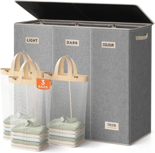 Miniatura 10 de SOLEDI Cesta de ropa sucia de 180L de 3 secciones, cesta de ropa sucia extra grande con tapa, cesta de ropa sucia con asa resistente, organizador