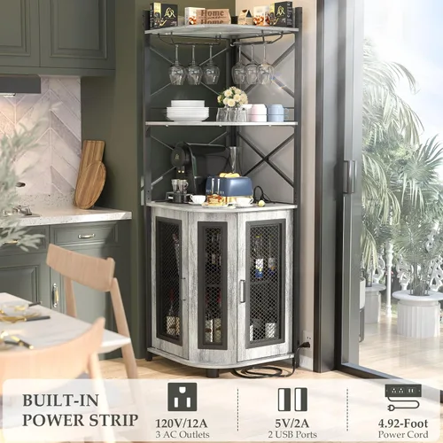 Miniatura 5 de Aheaplus Armario de barra de esquina con toma de corriente, gabinete industrial para vino con tira LED y soporte para vidrio, gabinete de licor de 5