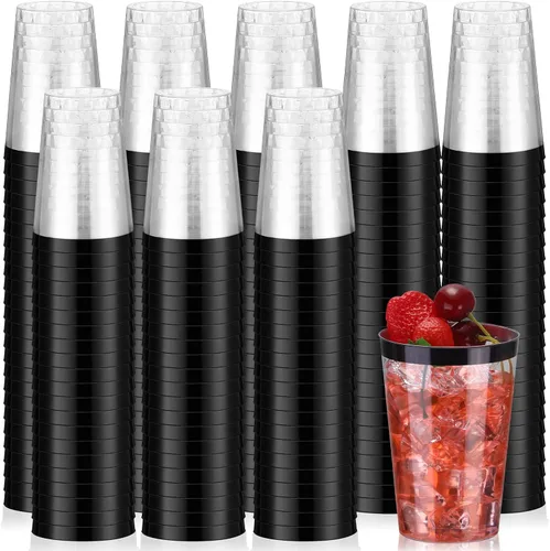 Patelai 100 piezas de vasos de plástico negros de 12 onzas, vasos de plástico con borde negro resistentes, vasos desechables para vino, vasos