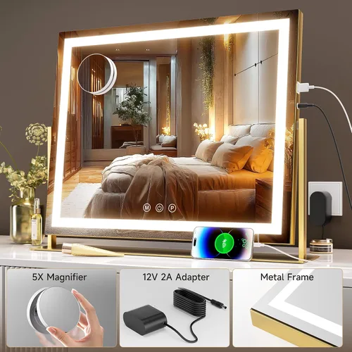 Miniatura 6 de Hasipu Espejo de tocador con luces, espejo LED de maquillaje de 23.6 x 18.1 pulgadas, espejo iluminado con aumento de 10X, puerto de carga USB