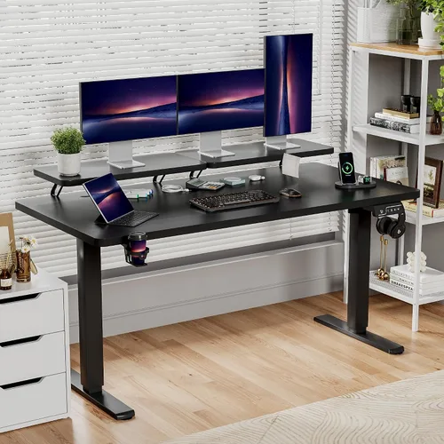 Miniatura 2 de Shahoo Escritorio eléctrico de pie con estante para monitor, mesa esquinera ajustable de altura de 63 x 24 pulgadas, estación de trabajo para Negro