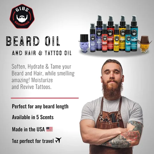 Miniatura 4 de GIBS Grooming - Beard, Hair & Tattoo Oil (1 fl oz) Collectible Glass Bottle - Softens & Strengthens - Skin Moisturizer - Vitamin C - UV Shield
