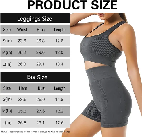 Miniatura 6 de JOTEUS - Conjunto de yoga de 2 piezas sin costuras, acanalado, brasier deportivo de cintura alta, pantalones cortos de gimnasio, conjuntos de ropa