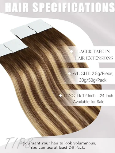 Miniatura 2 de Lacer Extensiones de cabello humano Remy con cinta, 20 piezas, 1.76 oz, extensiones de cabello humano con cinta color marrón chocolate a rubio