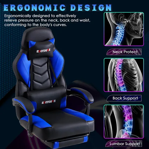 Miniatura 7 de ECOTOUGE Silla de juegos con reposapiés, silla grande y alta con soporte lumbar de masaje, silla ergonómica con respaldo alto reclinable, silla Azul