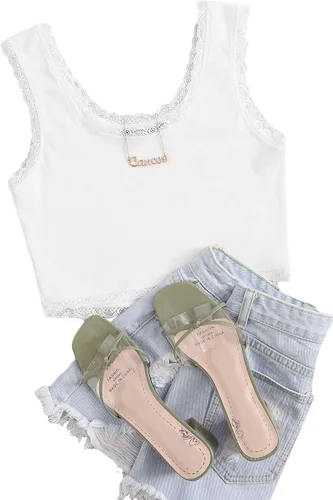 Miniatura 5 de Verdusa Camiseta corta sin mangas con cuello redondo y encaje en contraste para mujer