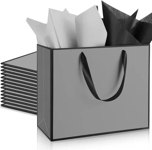 Miniatura 8 de ReliThick Paquete de 12 bolsas de regalo de papel metálico con asas y papel de seda de 11.8 x 10 x 4 pulgadas, bolsa de agradecimiento para Azul