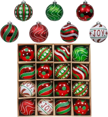 Valery Madelyn Juego de adornos de Navidad, 16 unidades, color rojo, verde y blanco, inastillables, adornos de esferas para decoración de árbol de