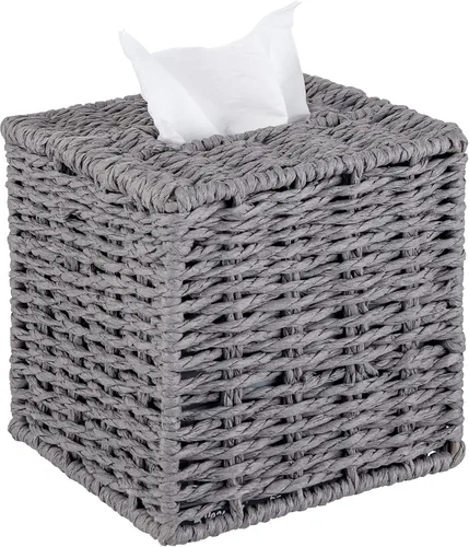 MyGift Caja de pañuelos cuadrada gris con tapa – Soporte decorativo de ratán Kleenex, soporte de tejido para papel higiénico, baño, dormitorio, sala