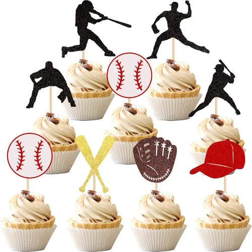 24 piezas de adornos para cupcakes de béisbol con purpurina, jugadores de béisbol, temática deportiva, adornos para magdalenas, temática deportiva