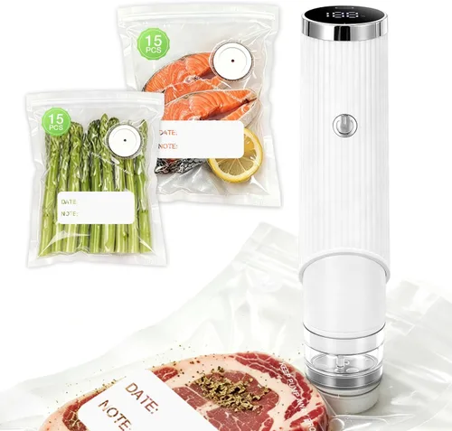Miniatura 10 de Sellador al vacío compacto para alimentos, máquina selladora al vacío de mano con 10 bolsas reutilizables, sellador automático portátil de alimentos