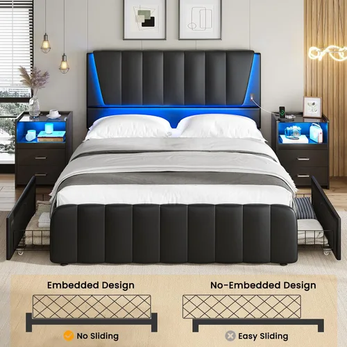 Miniatura 5 de AOGLLATI Base de cama Queen con cabecero y 4 cajones de almacenamiento, luz LED y 2 puertos USB, marco de cama LED tamaño Queen con soporte
