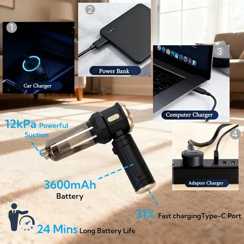 Miniatura 5 de Aspiradora de mano para automóvil, aspiradora de 12000 Pa y plumero de aire, aspiradora de mano inalámbrica portátil con motor sin escobillas