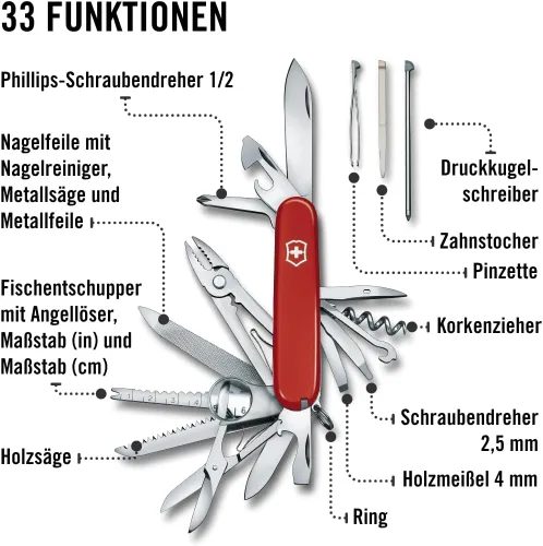 Miniatura 6 de Victorinox Swiss Champ - Cuchillo suizo del ejército, 33 funciones, navaja de bolsillo de fabricación suiza con hoja grande, destornillador, cincel
