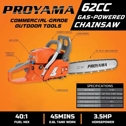 Miniatura 2 de PROYAMA 62CC motosierra de gas de 2 ciclos, 22 pulgadas 18 pulgadas motosierra de gasolina inalámbrica de mano para corte de madera de árboles