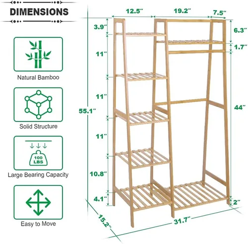 Miniatura 4 de Ufine Estante de ropa de bambú con estante de almacenamiento Soporte de ropa portátil para dormitorio habitación de invitados