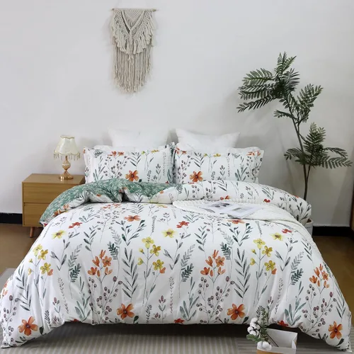 Miniatura 9 de Helthep - Juego de funda de edredón floral, tamaño Queen, 100% algodón, con patrón de flores rosas, funda de edredón vintage con hojas verdes