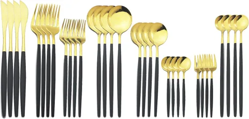 Miniatura 7 de JASHII Juego de cubiertos de 32 piezas con tenedor para tartas, mango largo, cubiertos de acero inoxidable para 4 juegos de vajilla de comer, aptos
