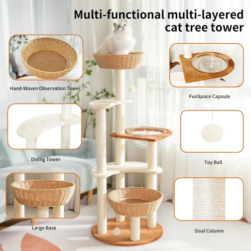 Miniatura 2 de Moderna torre de árbol para gatos de interior, condominio de madera de varios niveles con nido de cápsula espacial, cesta tejida a mano para gatos