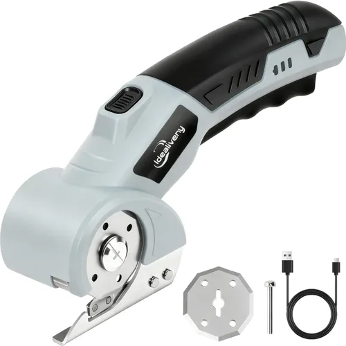 Miniatura 8 de Tijeras eléctricas inalámbricas – Cortador giratorio ligero de 4 V para cartón, cuero, plástico, alfombra, con 2 cuchillas, luz LED, bloqueo