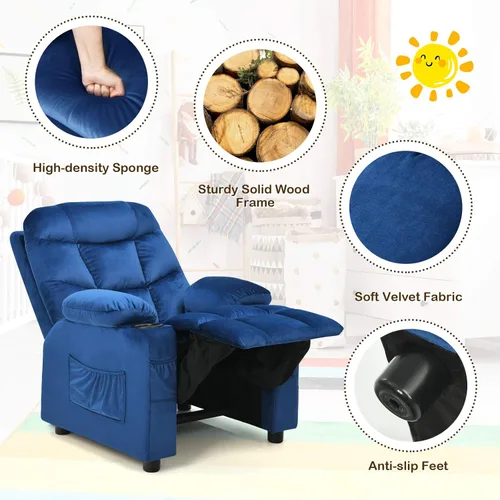 Miniatura 8 de Costzon Silla reclinable para niños con soporte para tazas, silla de salón de terciopelo ajustable con reposapiés y bolsillos laterales