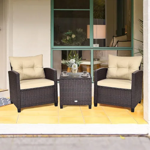 Miniatura 9 de Juego de muebles de mimbre para patio, juego de sofá para exteriores con cojín resistente al agua y mesa de vidrio templado, color marrón
