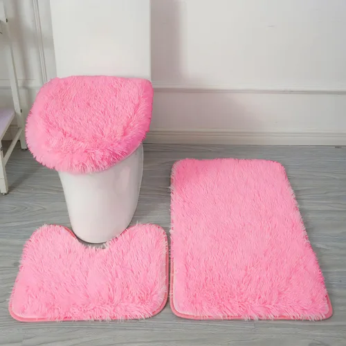 Miniatura 9 de Juego de alfombras de baño negras de 3 piezas, alfombra de baño sólida, alfombra de ducha lavable con contorno en forma de U, cubierta para tapa