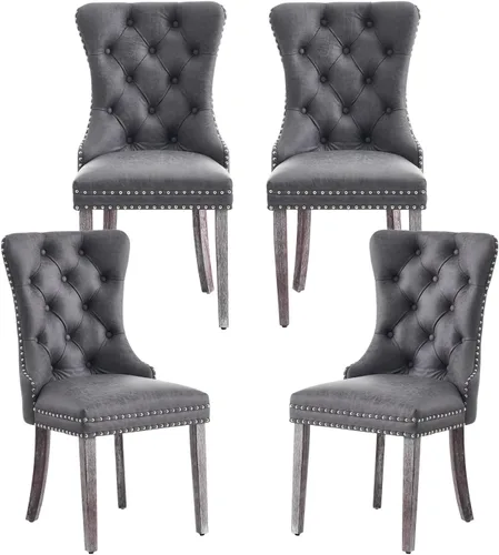 Miniatura 13 de Juego de 6 sillas de comedor de cuero, sillas de comedor tapizadas con ribete de cabeza de clavo y patas de madera maciza, silla auxiliar de comedor