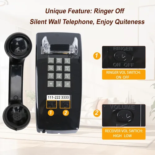 Miniatura 4 de Timbre de teléfono retro de pared para encendido/apagado, diseño clásico del teléfono 2544, teléfono vintage montado en la pared con base de metal
