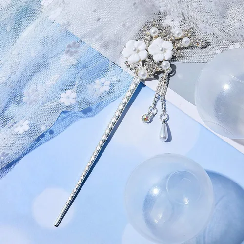 Miniatura 7 de Chuangdi 2 palillos chinos para el cabello para mujer, palillos de pelo plateado con diamantes de imitación, horquilla japonesa vintage, perla