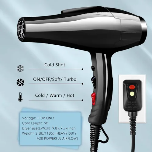 Miniatura 2 de Secador de pelo, 3500 vatios profesional de salón iónico con motor de CA, 3 ajustes de calor, 2 velocidades, botón de disparo frío, cerámica Negro