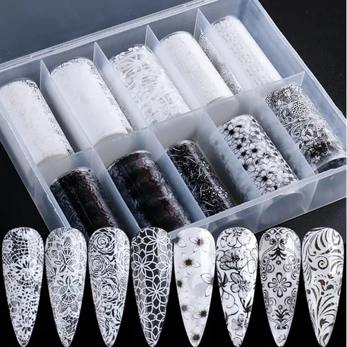 10 rollos de calcomanías de transferencia de papel de uñas de flores blancas y negras con patrón de flores de encaje pegatinas de transferencia de