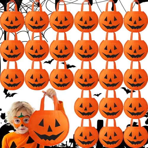 24 bolsas de calabaza de Halloween de 11.8 x 9.8 pulgadas, no tejidas, bolsas de truco o trato, cara de calabaza, caramelos, bolsa de regalo con